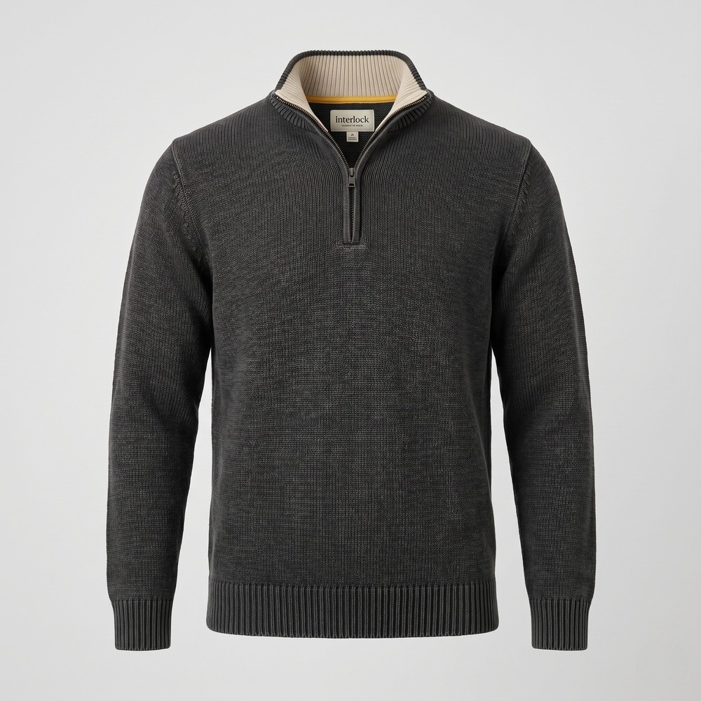 Impermeable Mens Large Black Sweater Platinum 1/4 Zip Cotton Mock Neck Ribbed
